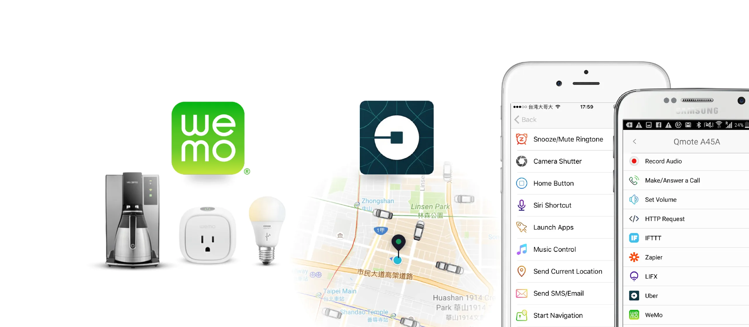 Qblinks smart-home ecosystem: WeMo device integration, an Uber map trigger, and the Qmote action list on iOS and Android