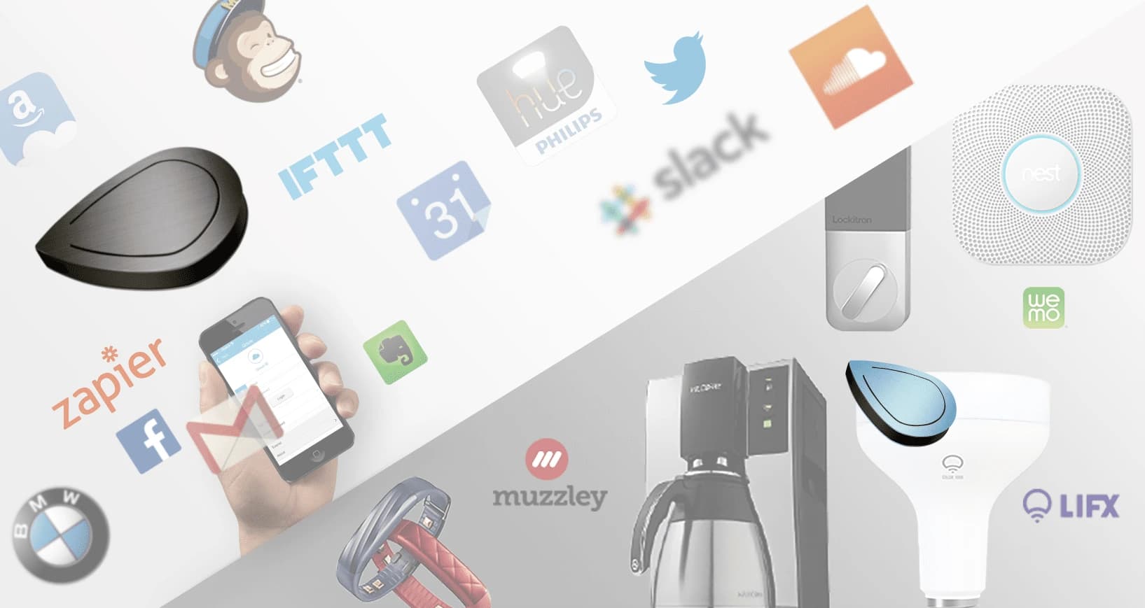 The IoT and automation ecosystem Qmote integrated with in 2016: IFTTT, Zapier, Philips Hue, Nest, Slack, and other early smart-home services