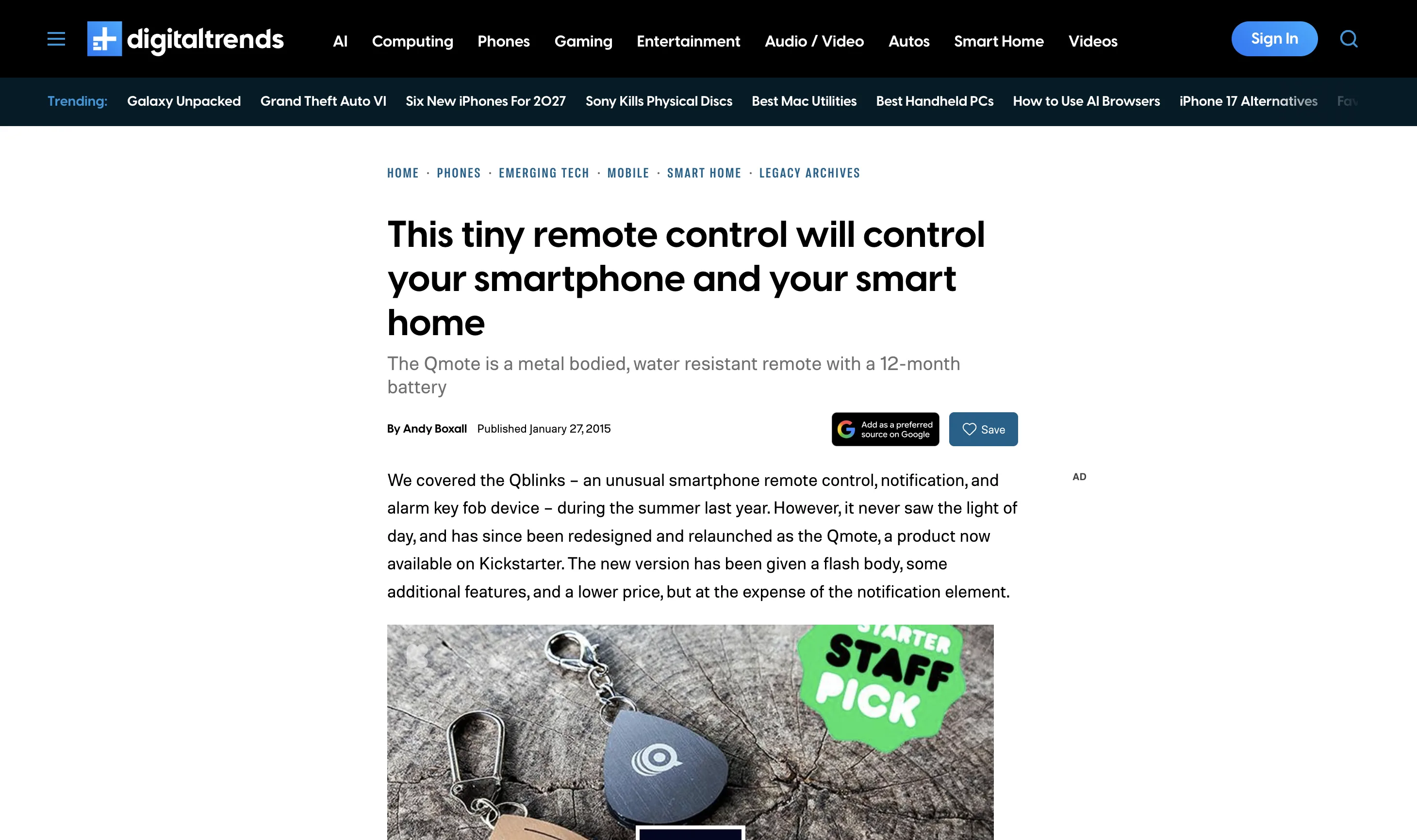Digital Trends coverage: "This tiny remote control will control your smartphone and your smart home"