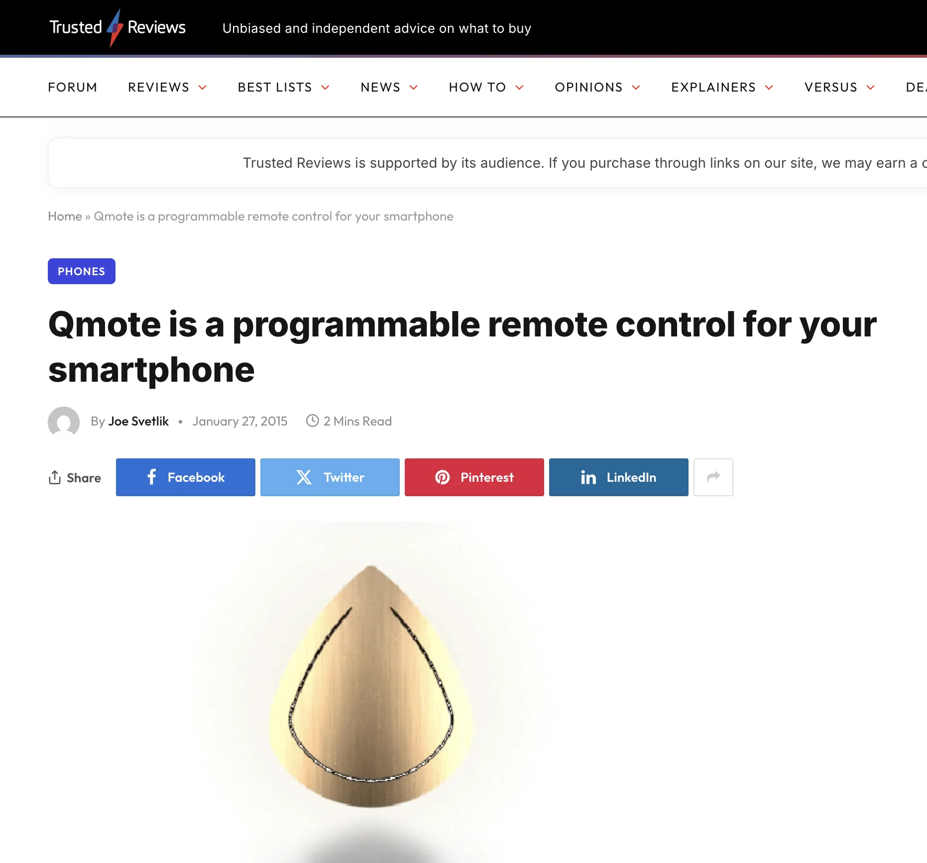 Trusted Reviews coverage: "Qmote is a programmable remote control for your smartphone"