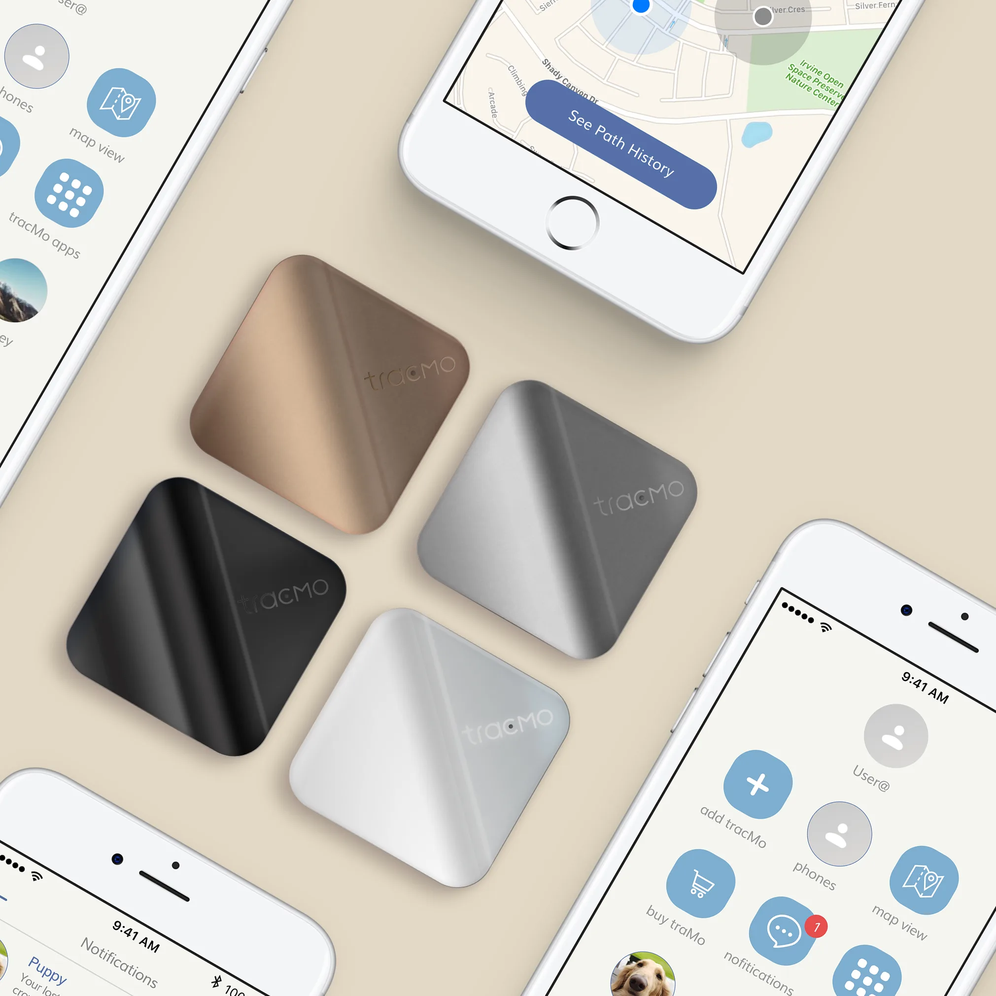 tracMo app screens and hardware in rose gold, silver, black, and white finishes