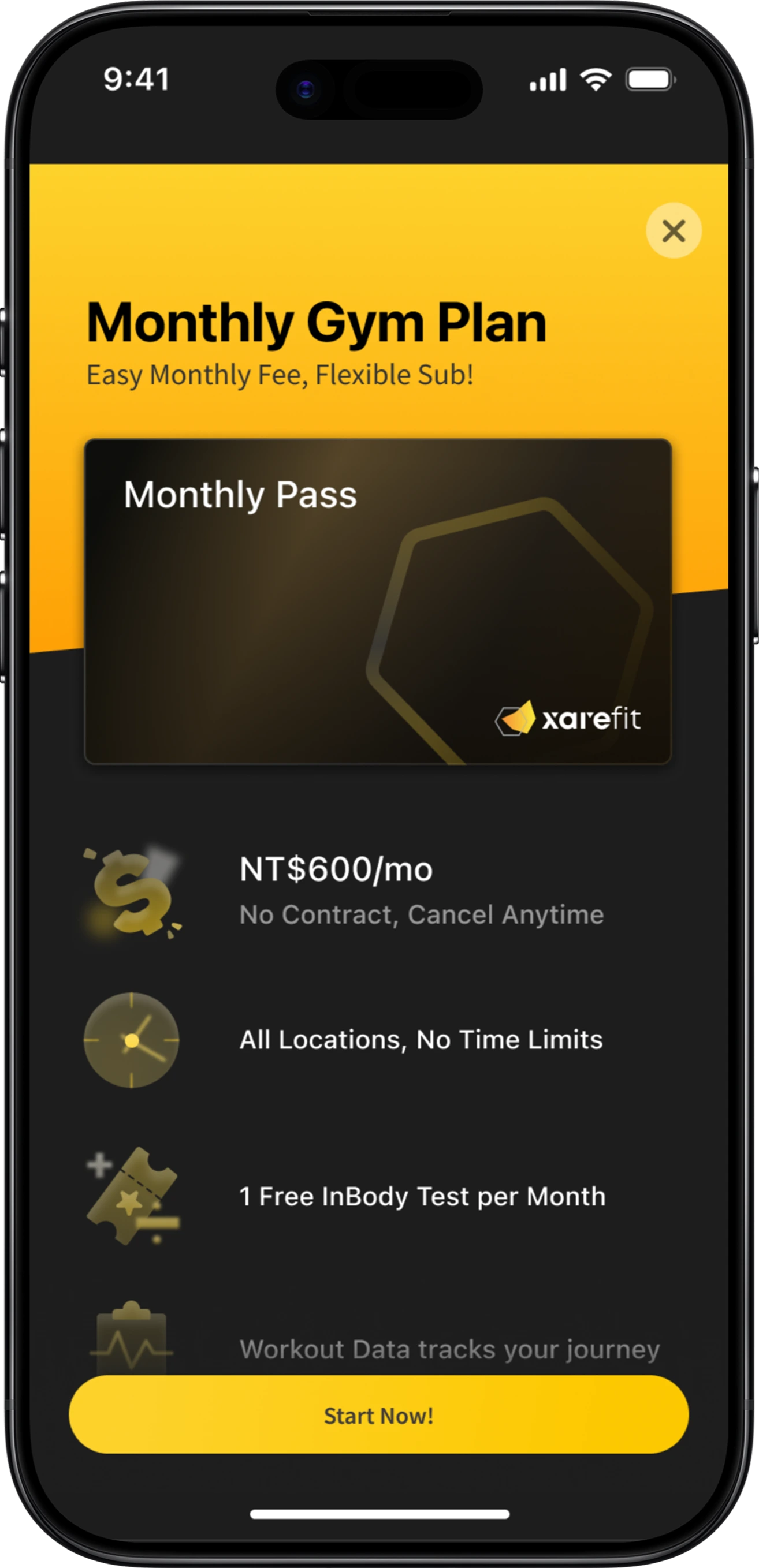 xarefit app — no-contract monthly plan, self-serve sign-up